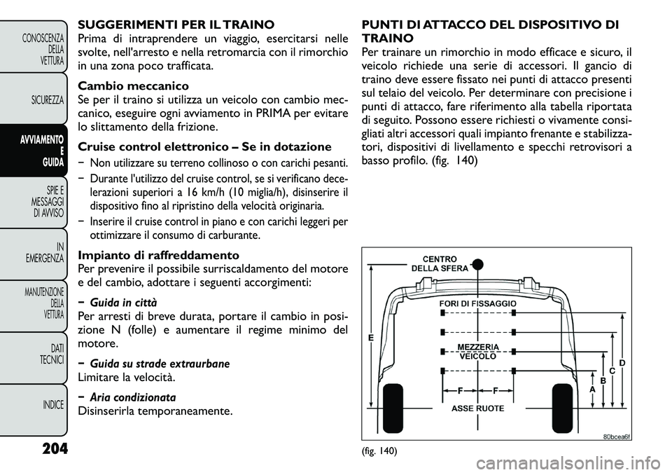 FIAT FREEMONT 2011  Libretto Uso Manutenzione (in Italian) SUGGERIMENTI PER IL TRAINO 
Prima di intraprendere un viaggio, esercitarsi nelle
svolte, nell'arresto e nella retromarcia con il rimorchio
in una zona poco trafficata. 
Cambio meccanico 
Se per il