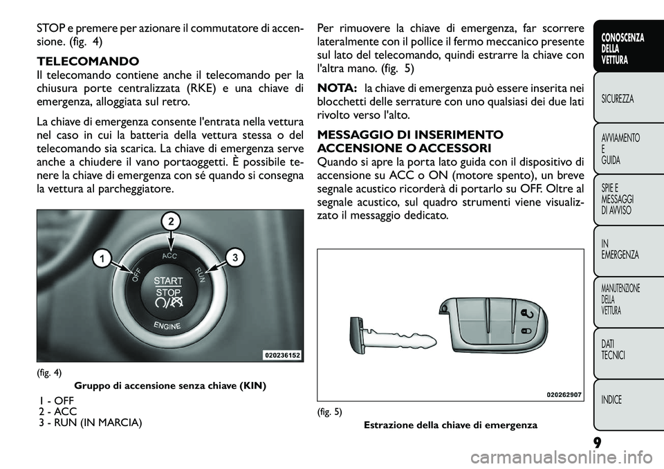 FIAT FREEMONT 2012 Libretto Uso Manutenzione (in Italian) STOP e premere per azionare il commutatore di accen-
sione. (fig. 4) TELECOMANDO
Il telecomando contiene anche il telecomando per la
chiusura porte centralizzata (RKE) e una chiave di
emergenza, all FIAT FREEMONT 2012 Libretto Uso Manutenzione (in Italian) STOP e premere per azionare il commutatore di accen-
sione. (fig. 4) TELECOMANDO
Il telecomando contiene anche il telecomando per la
chiusura porte centralizzata (RKE) e una chiave di
emergenza, all