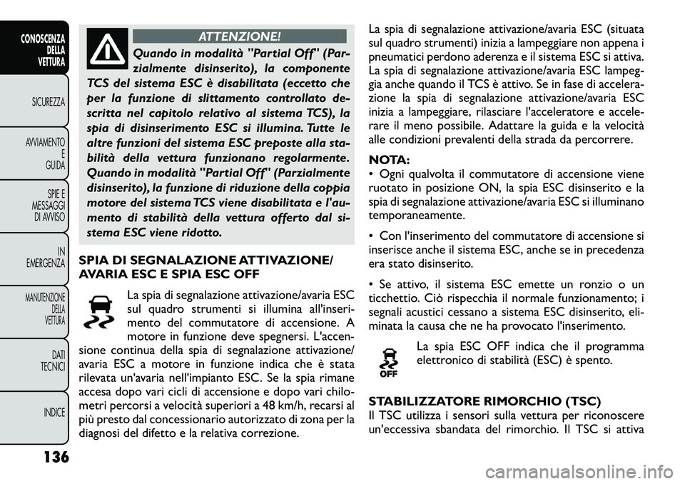FIAT FREEMONT 2012 Libretto Uso Manutenzione (in Italian) ATTENZIONE!
Quando in modalità "Partial Off" (Par-
zialmente disinserito), la componente
TCS del sistema ESC è disabilitata (eccetto che
per la funzione di slittamento controllato de-
scritta nel c FIAT FREEMONT 2012 Libretto Uso Manutenzione (in Italian) ATTENZIONE!
Quando in modalità "Partial Off" (Par-
zialmente disinserito), la componente
TCS del sistema ESC è disabilitata (eccetto che
per la funzione di slittamento controllato de-
scritta nel c