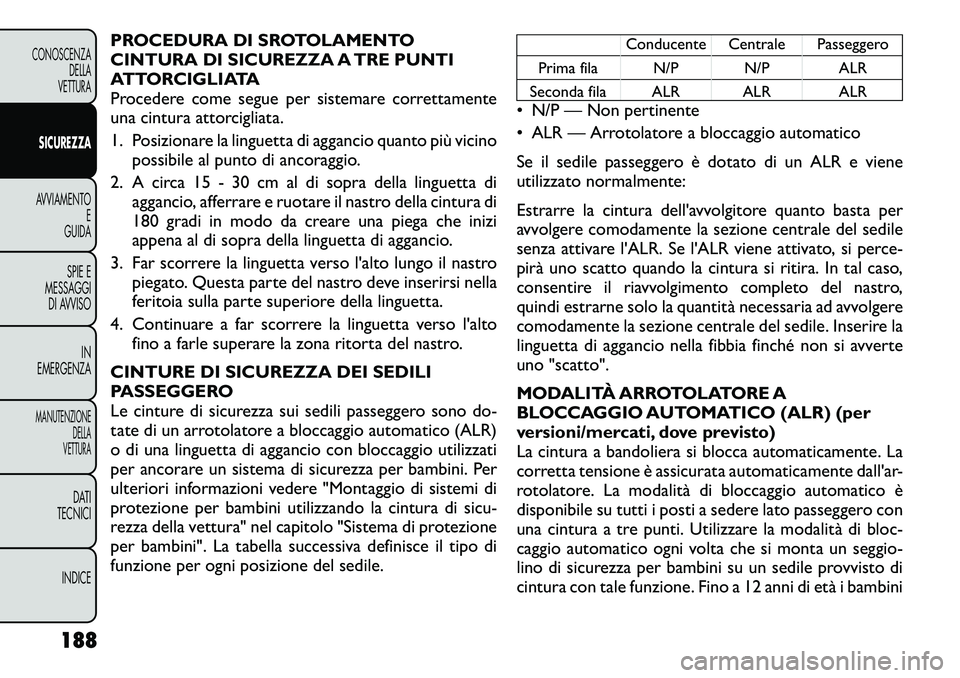FIAT FREEMONT 2012 Libretto Uso Manutenzione (in Italian) PROCEDURA DI SROTOLAMENTO
CINTURA DI SICUREZZA A TRE PUNTI
ATTORCIGLIATA
Procedere come segue per sistemare correttamente
una cintura attorcigliata.
1. Posizionare la linguetta di aggancio quanto pi FIAT FREEMONT 2012 Libretto Uso Manutenzione (in Italian) PROCEDURA DI SROTOLAMENTO
CINTURA DI SICUREZZA A TRE PUNTI
ATTORCIGLIATA
Procedere come segue per sistemare correttamente
una cintura attorcigliata.
1. Posizionare la linguetta di aggancio quanto pi