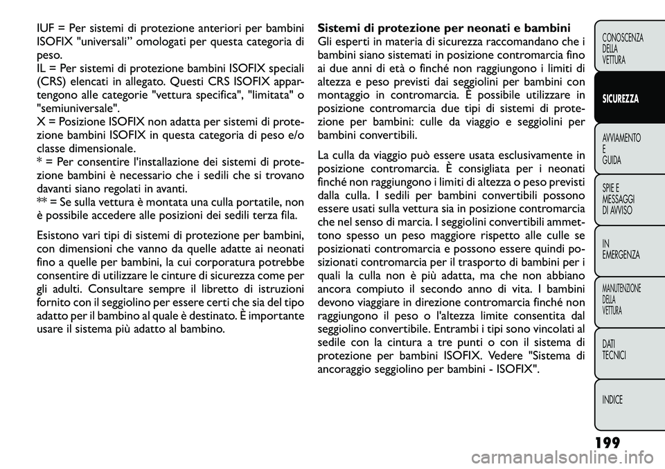 FIAT FREEMONT 2012 Libretto Uso Manutenzione (in Italian) IUF = Per sistemi di protezione anteriori per bambini
ISOFIX "universali” omologati per questa categoria di
peso.
IL = Per sistemi di protezione bambini ISOFIX speciali
(CRS) elencati in allega FIAT FREEMONT 2012 Libretto Uso Manutenzione (in Italian) IUF = Per sistemi di protezione anteriori per bambini
ISOFIX "universali” omologati per questa categoria di
peso.
IL = Per sistemi di protezione bambini ISOFIX speciali
(CRS) elencati in allega