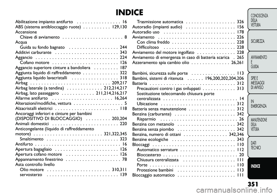FIAT FREEMONT 2012  Libretto Uso Manutenzione (in Italian) INDICE
Abilitazione impianto antifurto . . . . . . . . . . . . . . . . 16 
ABS (sistema antibloccaggio ruote) . . . . . . . . . . 129,130Accensione Chiave di avviamento . . . . . . . . . . . . . . . .