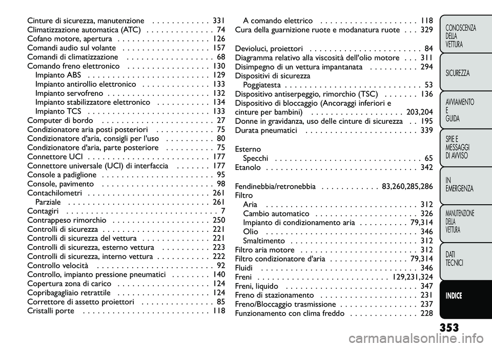 FIAT FREEMONT 2012  Libretto Uso Manutenzione (in Italian) Cinture di sicurezza, manutenzione . . . . . . . . . . . . 331 
Climatizzazione automatica (ATC) . . . . . . . . . . . . . . 74
Cofano motore, apertura . . . . . . . . . . . . . . . . . . . 126
Comand