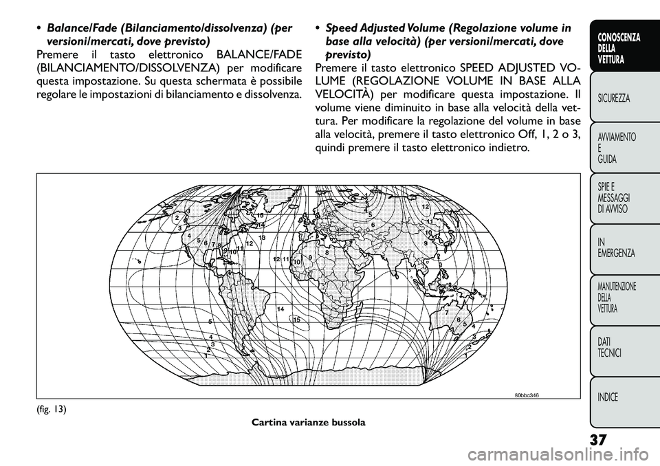 FIAT FREEMONT 2012  Libretto Uso Manutenzione (in Italian)  Balance/Fade (Bilanciamento/dissolvenza) (perversioni/mercati, dove previsto)
Premere il tasto elettronico BALANCE/FADE 
(BILANCIAMENTO/DISSOLVENZA) per modificare
questa impostazione. Su questa sch