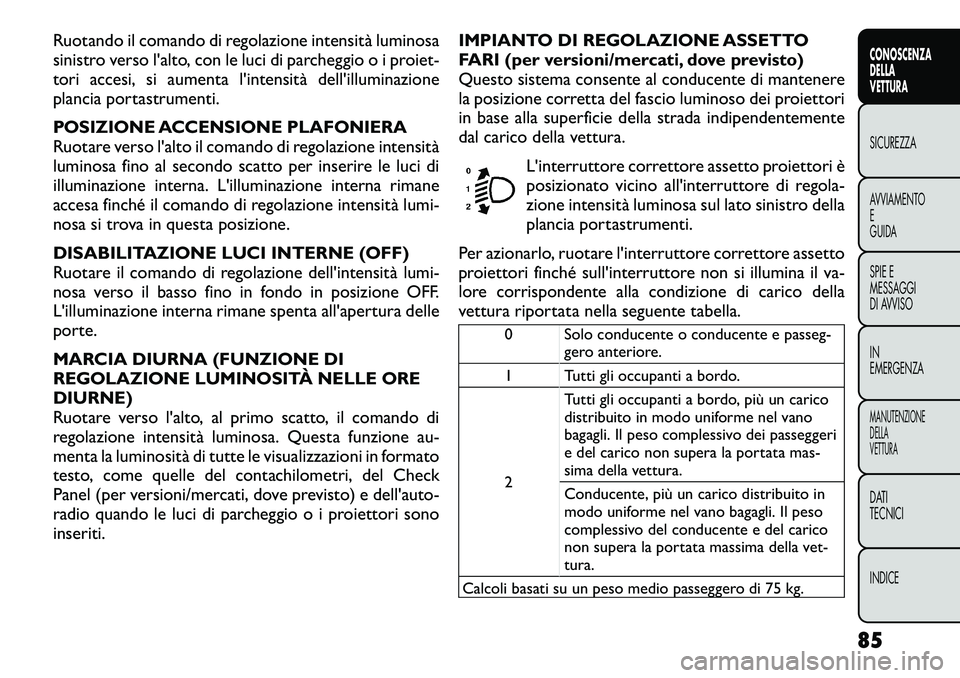 FIAT FREEMONT 2012  Libretto Uso Manutenzione (in Italian) Ruotando il comando di regolazione intensità luminosa 
sinistro verso l'alto, con le luci di parcheggio o i proiet-
tori accesi, si aumenta l'intensità dell'illuminazione
plancia portast