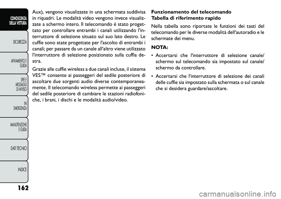 FIAT FREEMONT 2013  Libretto Uso Manutenzione (in Italian) Aux), vengono visualizzate in una schermata suddivisa
in riquadri. Le modalità video vengono invece visualiz-
zate a schermo intero. Il telecomando è stato proget-
tato per controllare entrambi i ca