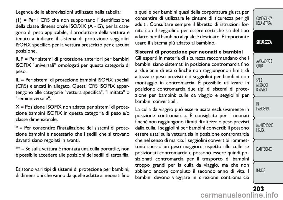 FIAT FREEMONT 2013  Libretto Uso Manutenzione (in Italian) Legenda delle abbreviazioni utilizzate nella tabella:
(1) = Per i CRS che non supportano lidentificazione
della classe dimensionale ISO/XX (A - G), per la cate-
goria di peso applicabile, il produtto