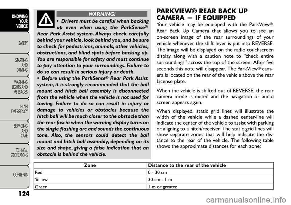FIAT FREEMONT 2011 Owner handbook (in English) WARNING!
Drivers must be careful when backing
up even when using the ParkSense
®
Rear Park Assist system. Always check carefully
behind your vehicle, look behind you, and be sure
to check for pede FIAT FREEMONT 2011 Owner handbook (in English) WARNING!
Drivers must be careful when backing
up even when using the ParkSense
®
Rear Park Assist system. Always check carefully
behind your vehicle, look behind you, and be sure
to check for pede