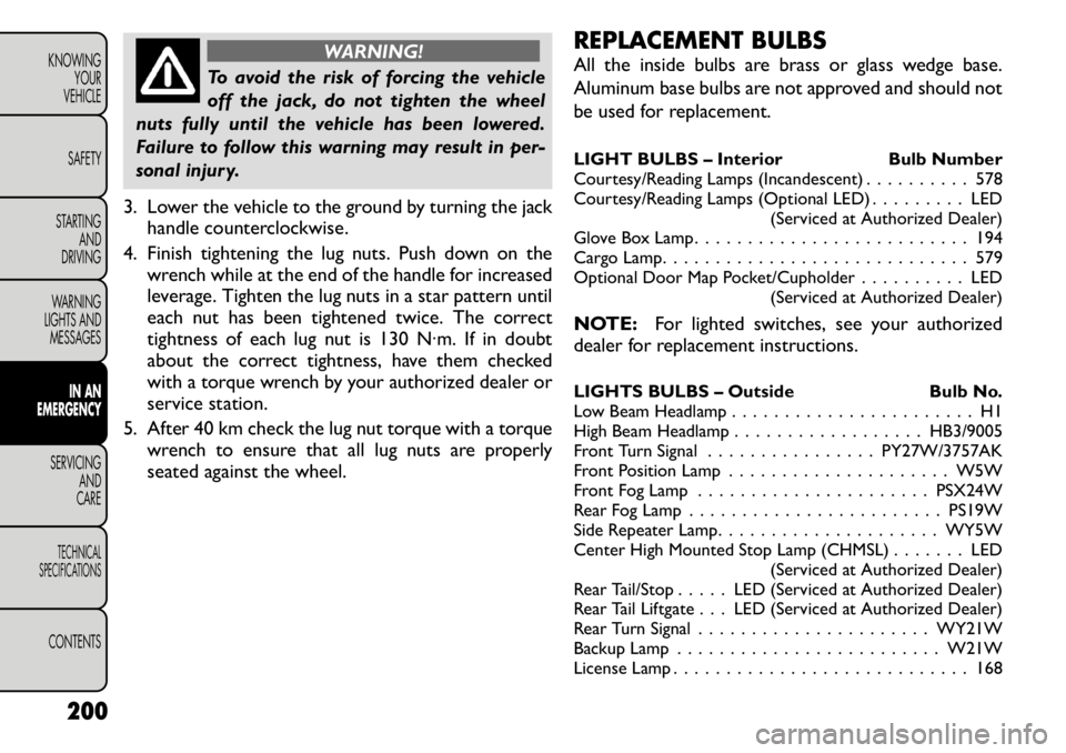 FIAT FREEMONT 2011 Owner handbook (in English) WARNING!
To avoid the risk of forcing the vehicle
off the jack, do not tighten the wheel
nuts fully until the vehicle has been lowered.
Failure to follow this warning may result in per-
sonal injury. FIAT FREEMONT 2011 Owner handbook (in English) WARNING!
To avoid the risk of forcing the vehicle
off the jack, do not tighten the wheel
nuts fully until the vehicle has been lowered.
Failure to follow this warning may result in per-
sonal injury.