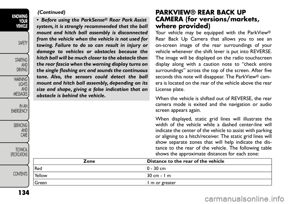 FIAT FREEMONT 2012  Owner handbook (in English) (Continued)
 Before using the ParkSense
®Rear Park Assist
system, it is strongly recommended that the ball 
mount and hitch ball assembly is disconnected
from the vehicle when the vehicle is not use