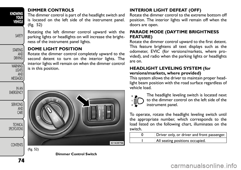 FIAT FREEMONT 2012 Owner handbook (in English) DIMMER CONTROLS
The dimmer control is part of the headlight switch and
is located on the left side of the instrument panel.
(fig. 52)
Rotating the left dimmer control upward with the
parking lights FIAT FREEMONT 2012 Owner handbook (in English) DIMMER CONTROLS
The dimmer control is part of the headlight switch and
is located on the left side of the instrument panel.
(fig. 52)
Rotating the left dimmer control upward with the
parking lights