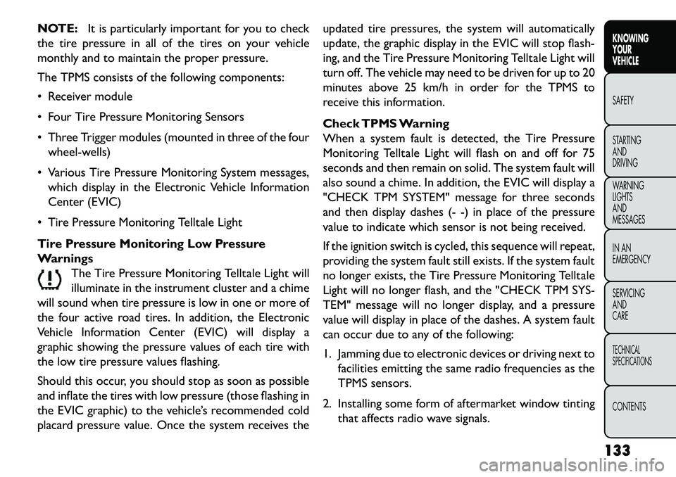 FIAT FREEMONT 2013  Owner handbook (in English) NOTE:It is particularly important for you to check
the tire pressure in all of the tires on your vehicle
monthly and to maintain the proper pressure.
The TPMS consists of the following components:
 R