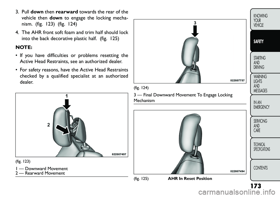 FIAT FREEMONT 2013 Owner handbook (in English) 3. Pulldownthenrearward towards the rear of the
vehicle then downto engage the locking mecha-
nism. (fig. 123) (fig. 124)
4. The AHR front soft foam and trim half should lock into the back decorative FIAT FREEMONT 2013 Owner handbook (in English) 3. Pulldownthenrearward towards the rear of the
vehicle then downto engage the locking mecha-
nism. (fig. 123) (fig. 124)
4. The AHR front soft foam and trim half should lock into the back decorative