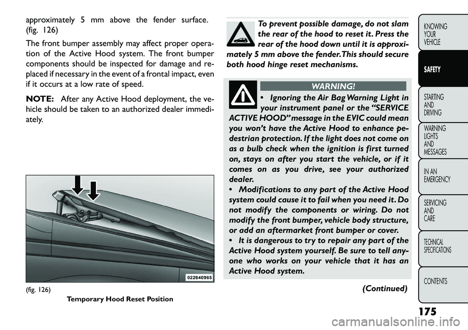 FIAT FREEMONT 2013 Owner handbook (in English) approximately 5 mm above the fender surface.
(fig. 126)
The front bumper assembly may affect proper opera-
tion of the Active Hood system. The front bumper
components should be inspected for damage an FIAT FREEMONT 2013 Owner handbook (in English) approximately 5 mm above the fender surface.
(fig. 126)
The front bumper assembly may affect proper opera-
tion of the Active Hood system. The front bumper
components should be inspected for damage an