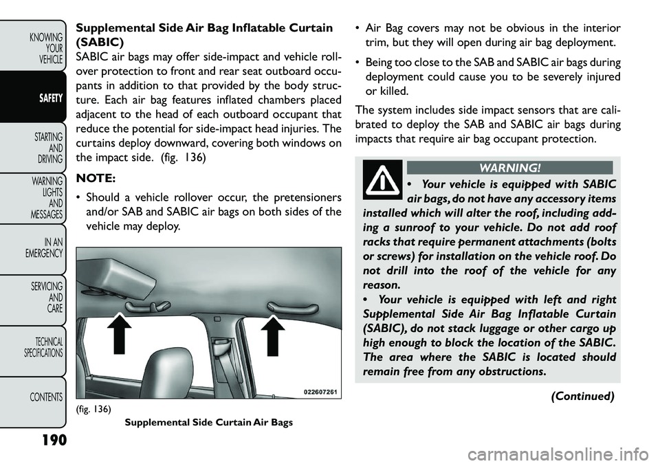 FIAT FREEMONT 2013 Owner handbook (in English) Supplemental Side Air Bag Inflatable Curtain
(SABIC)
SABIC air bags may offer side-impact and vehicle roll-
over protection to front and rear seat outboard occu-
pants in addition to that provided by FIAT FREEMONT 2013 Owner handbook (in English) Supplemental Side Air Bag Inflatable Curtain
(SABIC)
SABIC air bags may offer side-impact and vehicle roll-
over protection to front and rear seat outboard occu-
pants in addition to that provided by