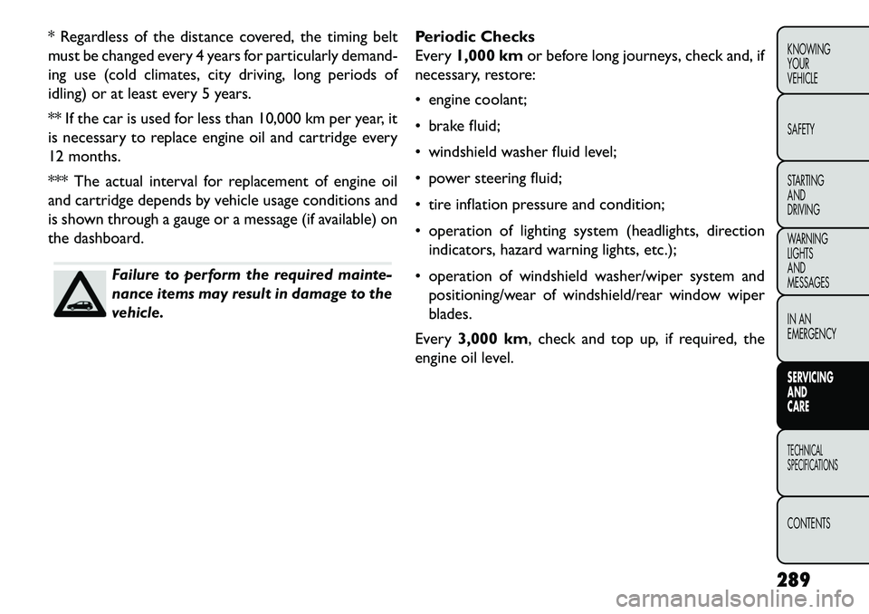 FIAT FREEMONT 2013 Owner handbook (in English) * Regardless of the distance covered, the timing belt
must be changed every 4 years for particularly demand-
ing use (cold climates, city driving, long periods of
idling) or at least every 5 years.
** FIAT FREEMONT 2013 Owner handbook (in English) * Regardless of the distance covered, the timing belt
must be changed every 4 years for particularly demand-
ing use (cold climates, city driving, long periods of
idling) or at least every 5 years.
**