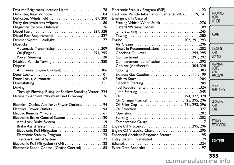 FIAT FREEMONT 2013 Owner handbook (in English) Daytime Brightness, Interior Lights . . . . . . . . . . . . . . .78
Defroster, Rear Window . . . . . . . . . . . . . . . . . . . . . .84
Defroster, Windshield . . . . . . . . . . . . . . . . . . . .67 FIAT FREEMONT 2013 Owner handbook (in English) Daytime Brightness, Interior Lights . . . . . . . . . . . . . . .78
Defroster, Rear Window . . . . . . . . . . . . . . . . . . . . . .84
Defroster, Windshield . . . . . . . . . . . . . . . . . . . .67