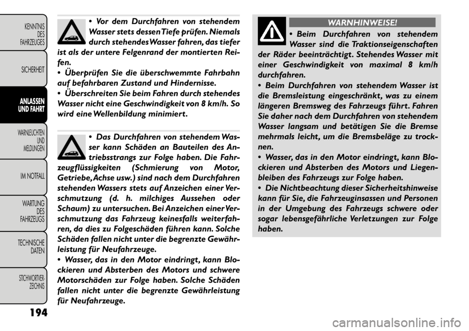 FIAT FREEMONT 2011 Betriebsanleitung (in German) Vor dem Durchfahren von stehendem
Wasser stets dessen Tiefe prüfen. Niemals
durch stehendes Wasser fahren, das tiefer
ist als der untere Felgenrand der montierten Rei-
fen.
Überprüfen Sie die FIAT FREEMONT 2011 Betriebsanleitung (in German) Vor dem Durchfahren von stehendem
Wasser stets dessen Tiefe prüfen. Niemals
durch stehendes Wasser fahren, das tiefer
ist als der untere Felgenrand der montierten Rei-
fen.
Überprüfen Sie die