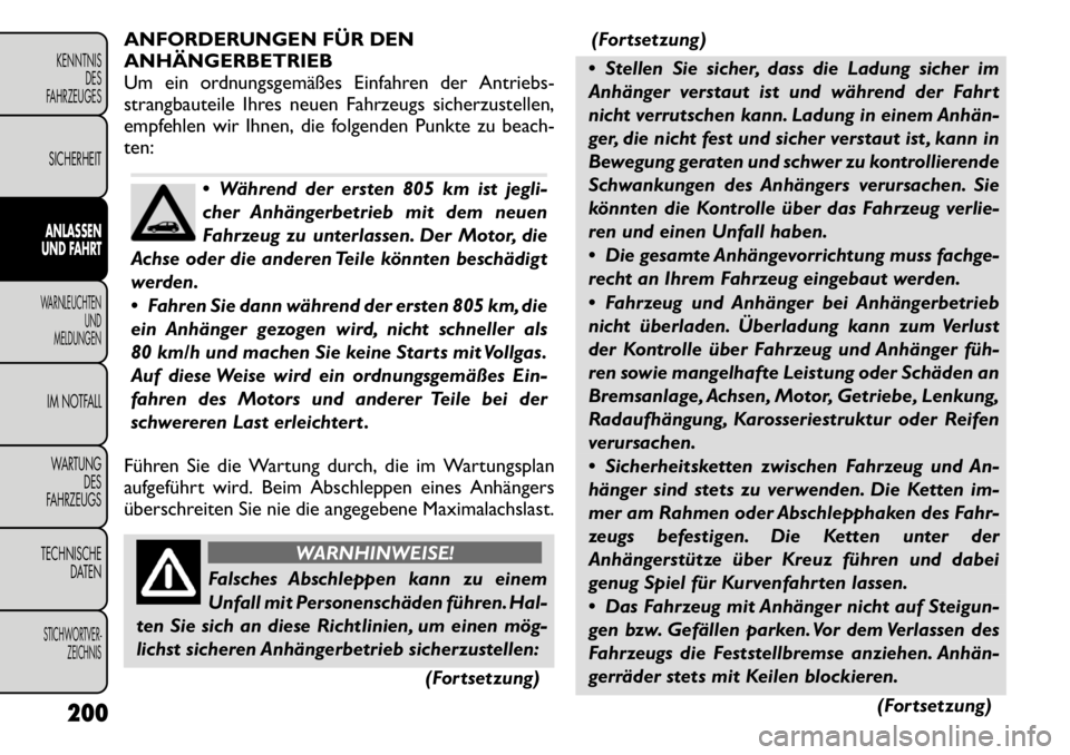 FIAT FREEMONT 2011 Betriebsanleitung (in German) ANFORDERUNGEN FÜR DEN ANHÄNGERBETRIEB
Um ein ordnungsgemäßes Einfahren der Antriebs-
strangbauteile Ihres neuen Fahrzeugs sicherzustellen,
empfehlen wir Ihnen, die folgenden Punkte zu beach-
ten:
FIAT FREEMONT 2011 Betriebsanleitung (in German) ANFORDERUNGEN FÜR DEN ANHÄNGERBETRIEB
Um ein ordnungsgemäßes Einfahren der Antriebs-
strangbauteile Ihres neuen Fahrzeugs sicherzustellen,
empfehlen wir Ihnen, die folgenden Punkte zu beach-
ten: