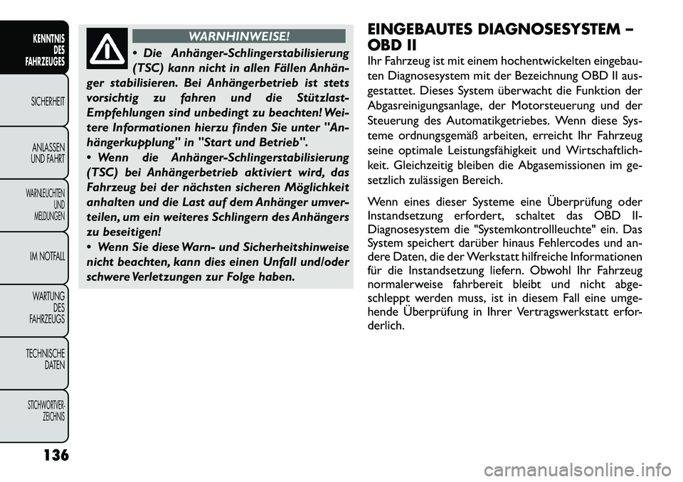 FIAT FREEMONT 2012 Betriebsanleitung (in German) WARNHINWEISE!
Die Anhänger-Schlingerstabilisierung
(TSC) kann nicht in allen Fällen Anhän
ger stabilisieren. Bei Anhängerbetrieb ist stets
vorsichtig zu fahren und die Stützlast-
Empfehlunge FIAT FREEMONT 2012 Betriebsanleitung (in German) WARNHINWEISE!
Die Anhänger-Schlingerstabilisierung
(TSC) kann nicht in allen Fällen Anhän
ger stabilisieren. Bei Anhängerbetrieb ist stets
vorsichtig zu fahren und die Stützlast-
Empfehlunge