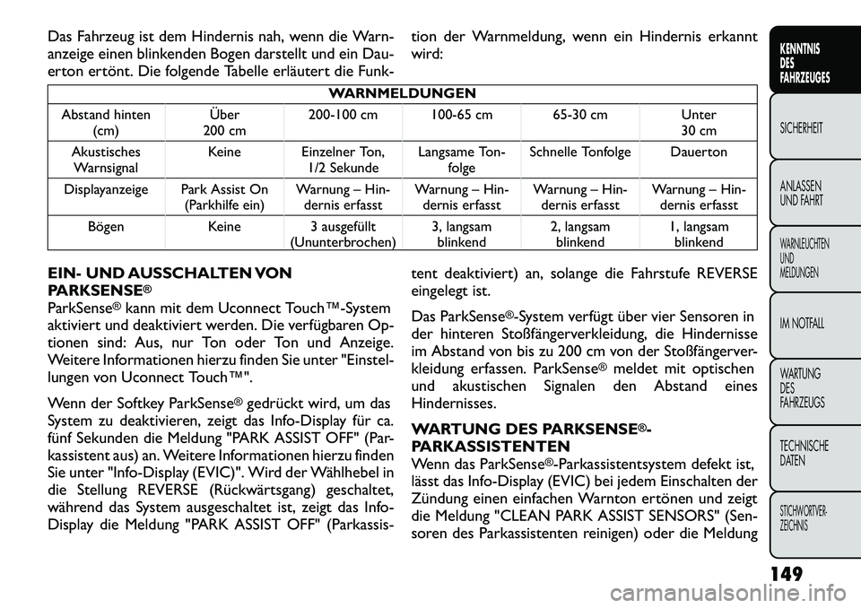 FIAT FREEMONT 2012 Betriebsanleitung (in German) Das Fahrzeug ist dem Hindernis nah, wenn die Warn-
anzeige einen blinkenden Bogen darstellt und ein Dau-
erton ertönt. Die folgende Tabelle erläutert die Funk-tion der Warnmeldung, wenn ein Hindern FIAT FREEMONT 2012 Betriebsanleitung (in German) Das Fahrzeug ist dem Hindernis nah, wenn die Warn-
anzeige einen blinkenden Bogen darstellt und ein Dau-
erton ertönt. Die folgende Tabelle erläutert die Funk-tion der Warnmeldung, wenn ein Hindern