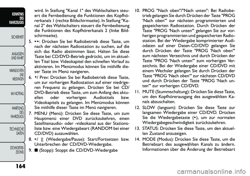 FIAT FREEMONT 2012 Betriebsanleitung (in German) wird. In Stellung "Kanal 1" des Wahlschalters steu-
ert die Fernbedienung die Funktionen des Kopfhö
rerkanals 1 (rechte Bildschirmseite). In Stellung "Ka-
nal 2" des Wahlschalters steuert die Fern FIAT FREEMONT 2012 Betriebsanleitung (in German) wird. In Stellung "Kanal 1" des Wahlschalters steu-
ert die Fernbedienung die Funktionen des Kopfhö
rerkanals 1 (rechte Bildschirmseite). In Stellung "Ka-
nal 2" des Wahlschalters steuert die Fern