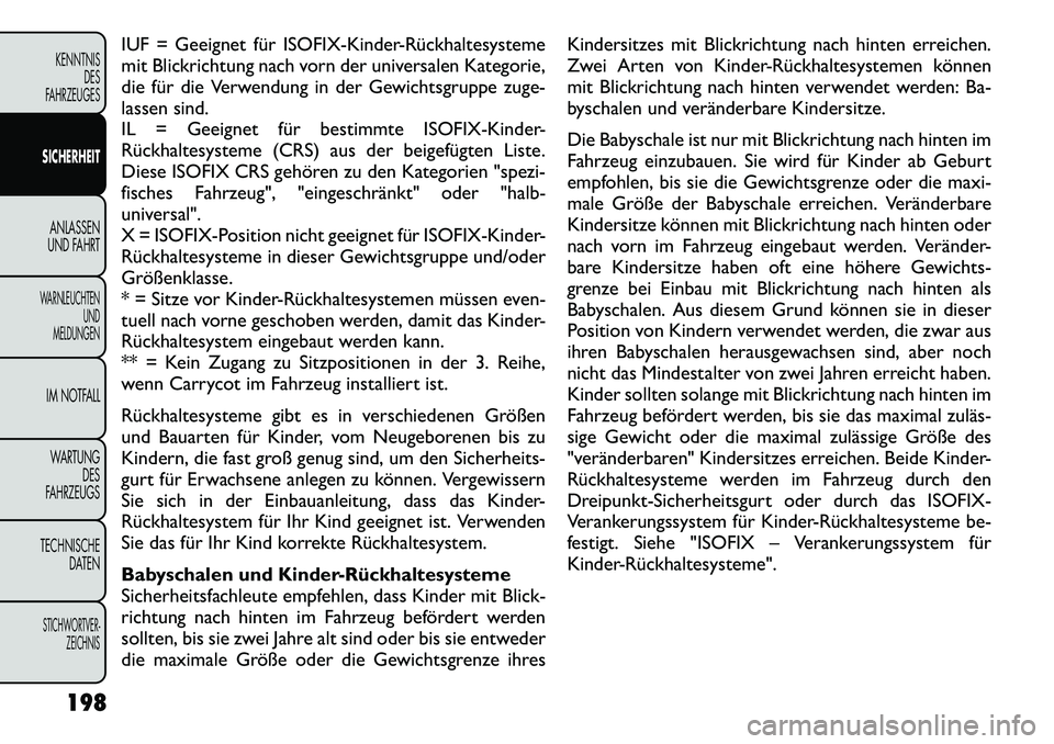 FIAT FREEMONT 2012 Betriebsanleitung (in German) IUF = Geeignet für ISOFIX-Kinder-Rückhaltesysteme
mit Blickrichtung nach vorn der universalen Kategorie,
die für die Verwendung in der Gewichtsgruppe zuge-
lassen sind.
IL = Geeignet für bestimmt FIAT FREEMONT 2012 Betriebsanleitung (in German) IUF = Geeignet für ISOFIX-Kinder-Rückhaltesysteme
mit Blickrichtung nach vorn der universalen Kategorie,
die für die Verwendung in der Gewichtsgruppe zuge-
lassen sind.
IL = Geeignet für bestimmt