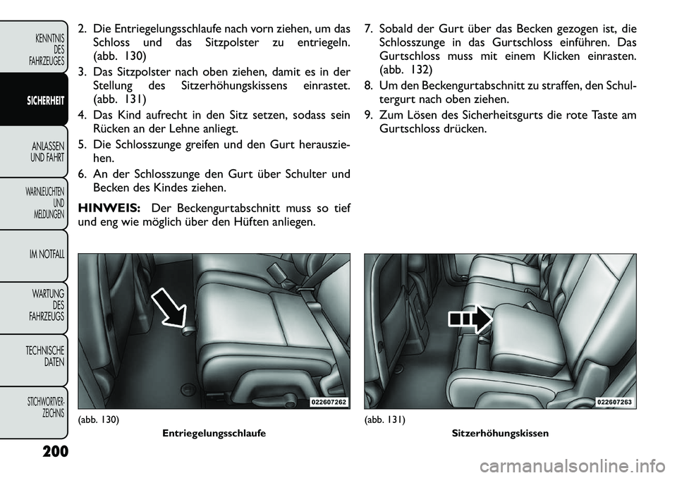 FIAT FREEMONT 2012 Betriebsanleitung (in German) 2. Die Entriegelungsschlaufe nach vorn ziehen, um dasSchloss und das Sitzpolster zu entriegeln.
(abb. 130)
3. Das Sitzpolster nach oben ziehen, damit es in der Stellung des Sitzerhöhungskissens einr FIAT FREEMONT 2012 Betriebsanleitung (in German) 2. Die Entriegelungsschlaufe nach vorn ziehen, um dasSchloss und das Sitzpolster zu entriegeln.
(abb. 130)
3. Das Sitzpolster nach oben ziehen, damit es in der Stellung des Sitzerhöhungskissens einr