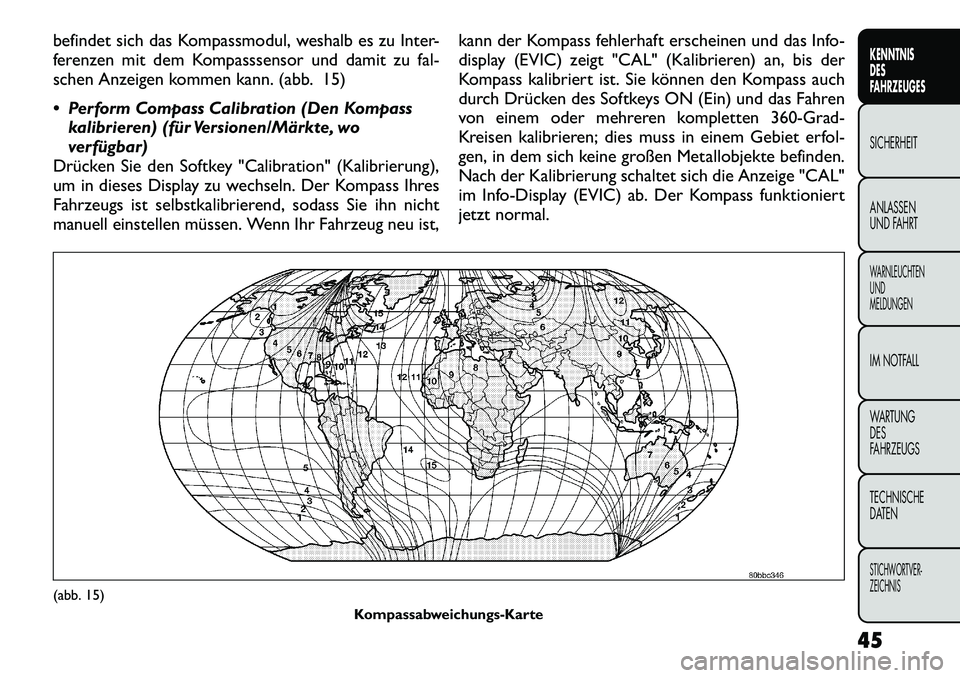 FIAT FREEMONT 2012 Betriebsanleitung (in German) befindet sich das Kompassmodul, weshalb es zu Inter-
ferenzen mit dem Kompasssensor und damit zu fal-
schen Anzeigen kommen kann. (abb. 15)
Perform Compass Calibration (Den Kompasskalibrieren) (fà FIAT FREEMONT 2012 Betriebsanleitung (in German) befindet sich das Kompassmodul, weshalb es zu Inter-
ferenzen mit dem Kompasssensor und damit zu fal-
schen Anzeigen kommen kann. (abb. 15)
Perform Compass Calibration (Den Kompasskalibrieren) (fÃ