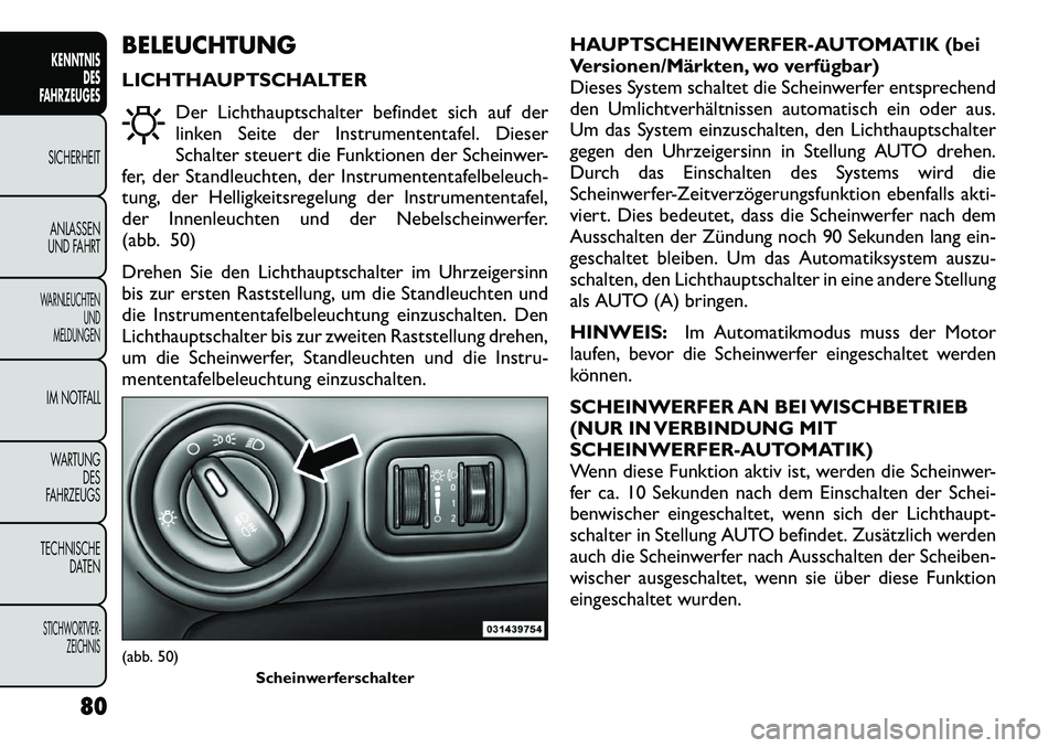 FIAT FREEMONT 2012 Betriebsanleitung (in German) BELEUCHTUNG
LICHTHAUPTSCHALTERDer Lichthauptschalter befindet sich auf der
linken Seite der Instrumententafel. Dieser
Schalter steuert die Funktionen der Scheinwer-
fer, der Standleuchten, der Instr FIAT FREEMONT 2012 Betriebsanleitung (in German) BELEUCHTUNG
LICHTHAUPTSCHALTERDer Lichthauptschalter befindet sich auf der
linken Seite der Instrumententafel. Dieser
Schalter steuert die Funktionen der Scheinwer-
fer, der Standleuchten, der Instr