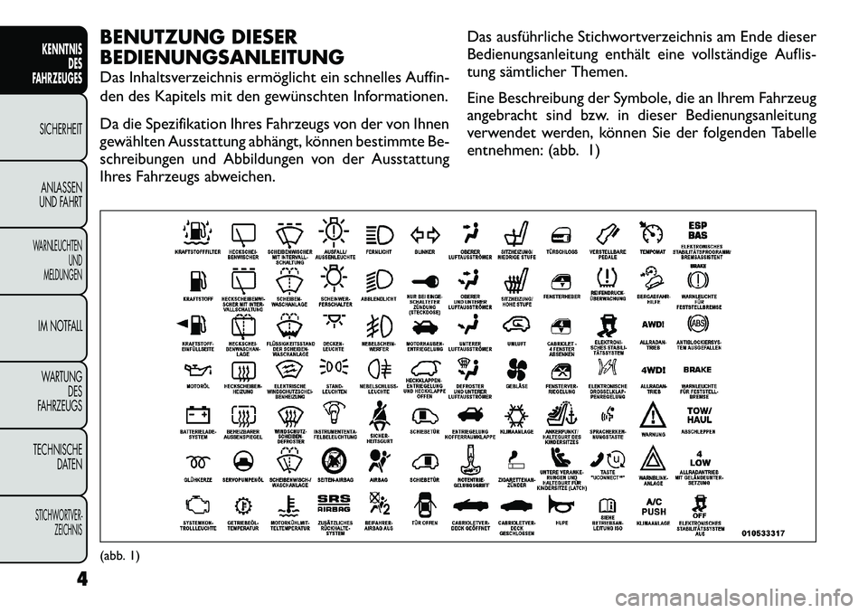 FIAT FREEMONT 2012  Betriebsanleitung (in German) BENUTZUNG DIESER BEDIENUNGSANLEITUNG 
Das Inhaltsverzeichnis ermöglicht ein schnelles Auffin- 
den des Kapitels mit den gewünschten Informationen. 
Da die Spezifikation Ihres Fahrzeugs von der von I