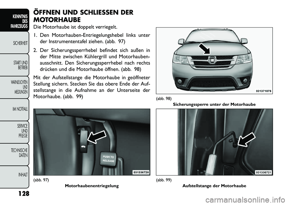 FIAT FREEMONT 2013 Betriebsanleitung (in German) ÖFFNEN UND SCHLIESSEN DER
MOTORHAUBE
Die Motorhaube ist doppelt verriegelt.
1. Den Motorhauben-Entriegelungshebel links unterder Instrumententafel ziehen. (abb. 97)
2. Der Sicherungssperrhebel befind FIAT FREEMONT 2013 Betriebsanleitung (in German) ÖFFNEN UND SCHLIESSEN DER
MOTORHAUBE
Die Motorhaube ist doppelt verriegelt.
1. Den Motorhauben-Entriegelungshebel links unterder Instrumententafel ziehen. (abb. 97)
2. Der Sicherungssperrhebel befind