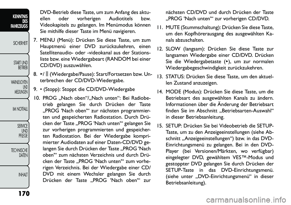 FIAT FREEMONT 2013 Betriebsanleitung (in German) DVD-Betrieb diese Taste, um zum Anfang des aktu-
ellen oder vorherigen Audiotitels bzw.
Videokapitels zu gelangen. Im Menümodus können
Sie mithilfe dieser Taste im Menü navigieren.
7. MENU (Menü): FIAT FREEMONT 2013 Betriebsanleitung (in German) DVD-Betrieb diese Taste, um zum Anfang des aktu-
ellen oder vorherigen Audiotitels bzw.
Videokapitels zu gelangen. Im Menümodus können
Sie mithilfe dieser Taste im Menü navigieren.
7. MENU (Menü):