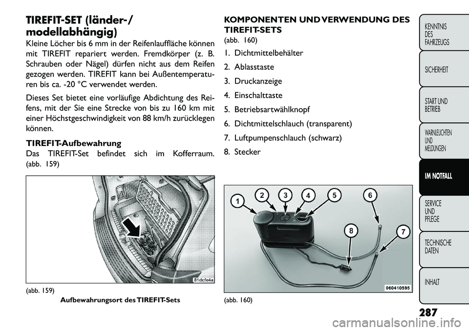 FIAT FREEMONT 2013 Betriebsanleitung (in German) TIREFIT-SET (länder-/
modellabhängig)
Kleine Löcher bis 6 mm in der Reifenlauffläche können
mit TIREFIT repariert werden. Fremdkörper (z. B.
Schrauben oder Nägel) dürfen nicht aus dem Reifen
g FIAT FREEMONT 2013 Betriebsanleitung (in German) TIREFIT-SET (länder-/
modellabhängig)
Kleine Löcher bis 6 mm in der Reifenlauffläche können
mit TIREFIT repariert werden. Fremdkörper (z. B.
Schrauben oder Nägel) dürfen nicht aus dem Reifen
g