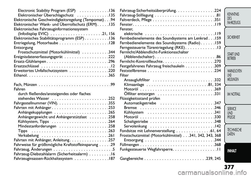 FIAT FREEMONT 2013 Betriebsanleitung (in German) Electronic Stability Program (ESP) . . . . . . . . . . . .136
Elektronischer Überschlagschutz . . . . . . . . . . . . .135
Elektronische Geschwindigkeitsregelung (Tempomat) . . .94
Elektronischer Wan FIAT FREEMONT 2013 Betriebsanleitung (in German) Electronic Stability Program (ESP) . . . . . . . . . . . .136
Elektronischer Überschlagschutz . . . . . . . . . . . . .135
Elektronische Geschwindigkeitsregelung (Tempomat) . . .94
Elektronischer Wan
