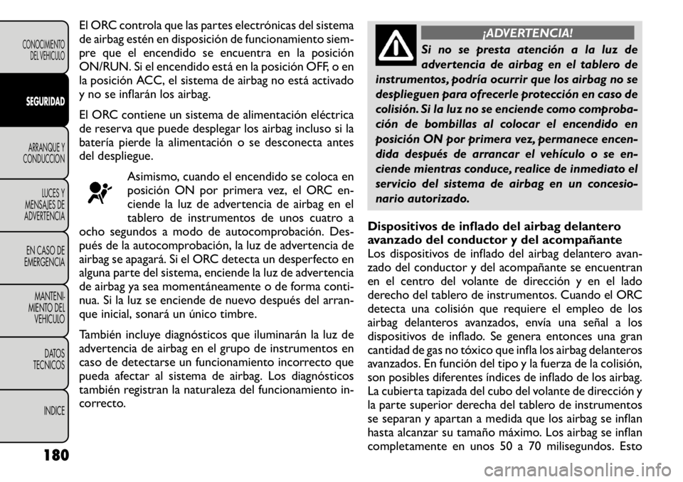 FIAT FREEMONT 2011 Manual de Empleo y Cuidado (in Spanish) El ORC controla que las partes electrónicas del sistema
de airbag estén en disposición de funcionamiento siem-
pre que el encendido se encuentra en la posición
ON/RUN. Si el encendido está en la FIAT FREEMONT 2011 Manual de Empleo y Cuidado (in Spanish) El ORC controla que las partes electrónicas del sistema
de airbag estén en disposición de funcionamiento siem-
pre que el encendido se encuentra en la posición
ON/RUN. Si el encendido está en la
