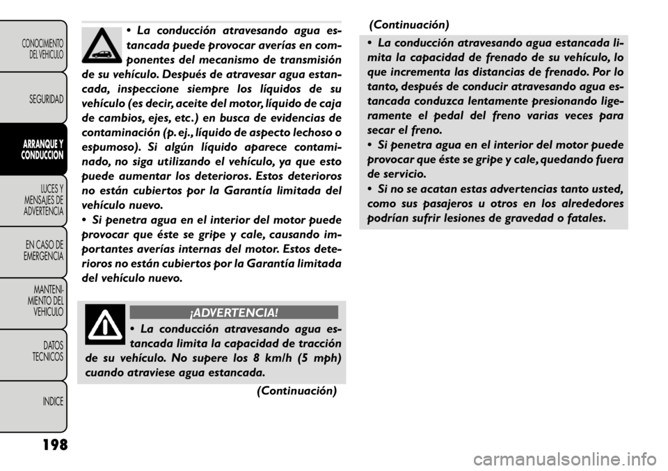 FIAT FREEMONT 2011 Manual de Empleo y Cuidado (in Spanish) La conducción atravesando agua es-
tancada puede provocar averías en com-
ponentes del mecanismo de transmisión
de su vehículo. Después de atravesar agua estan-
cada, inspeccione siempre los l FIAT FREEMONT 2011 Manual de Empleo y Cuidado (in Spanish) La conducción atravesando agua es-
tancada puede provocar averías en com-
ponentes del mecanismo de transmisión
de su vehículo. Después de atravesar agua estan-
cada, inspeccione siempre los l