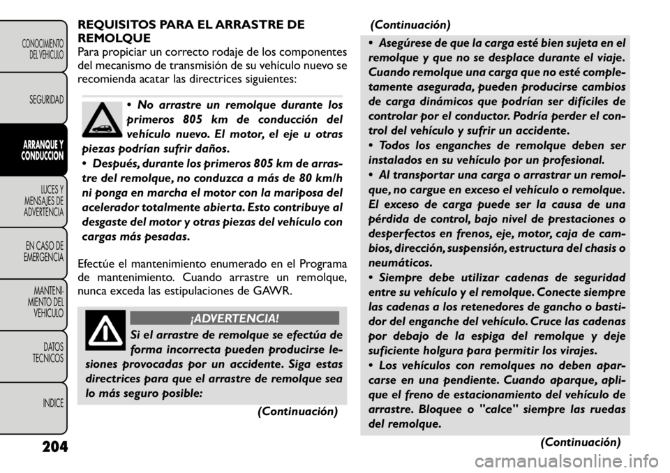 FIAT FREEMONT 2011 Manual de Empleo y Cuidado (in Spanish) REQUISITOS PARA EL ARRASTRE DE
REMOLQUE
Para propiciar un correcto rodaje de los componentes
del mecanismo de transmisión de su vehículo nuevo se
recomienda acatar las directrices siguientes:
No FIAT FREEMONT 2011 Manual de Empleo y Cuidado (in Spanish) REQUISITOS PARA EL ARRASTRE DE
REMOLQUE
Para propiciar un correcto rodaje de los componentes
del mecanismo de transmisión de su vehículo nuevo se
recomienda acatar las directrices siguientes:
No