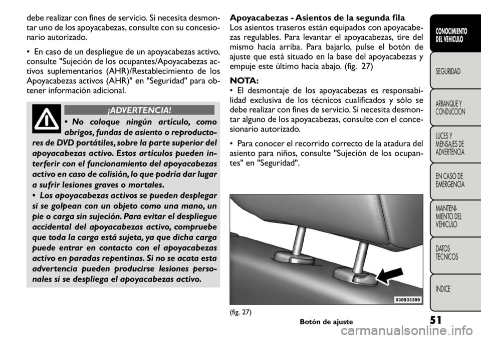 FIAT FREEMONT 2011 Manual de Empleo y Cuidado (in Spanish) debe realizar con fines de servicio. Si necesita desmon-
tar uno de los apoyacabezas, consulte con su concesio-
nario autorizado.
• En caso de un despliegue de un apoyacabezas activo,
consulte FIAT FREEMONT 2011 Manual de Empleo y Cuidado (in Spanish) debe realizar con fines de servicio. Si necesita desmon-
tar uno de los apoyacabezas, consulte con su concesio-
nario autorizado.
• En caso de un despliegue de un apoyacabezas activo,
consulte