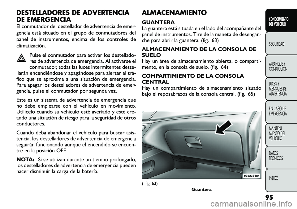 FIAT FREEMONT 2012 Manual de Empleo y Cuidado (in Spanish) DESTELLADORES DE ADVERTENCIA
DE EMERGENCIA
El conmutador del destellador de advertencia de emer-
gencia está situado en el grupo de conmutadores del
panel de instrumentos, encima de los controles FIAT FREEMONT 2012 Manual de Empleo y Cuidado (in Spanish) DESTELLADORES DE ADVERTENCIA
DE EMERGENCIA
El conmutador del destellador de advertencia de emer-
gencia está situado en el grupo de conmutadores del
panel de instrumentos, encima de los controles