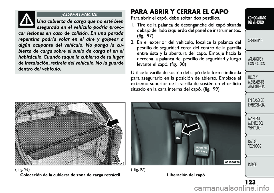 FIAT FREEMONT 2012 Manual de Empleo y Cuidado (in Spanish) ¡ADVERTENCIA!
Una cubierta de carga que no esté bien
asegurada en el vehículo podría provo-
car lesiones en caso de colisión. En una parada
repentina podría volar en el aire y golpear a
algún FIAT FREEMONT 2012 Manual de Empleo y Cuidado (in Spanish) ¡ADVERTENCIA!
Una cubierta de carga que no esté bien
asegurada en el vehículo podría provo-
car lesiones en caso de colisión. En una parada
repentina podría volar en el aire y golpear a
algún