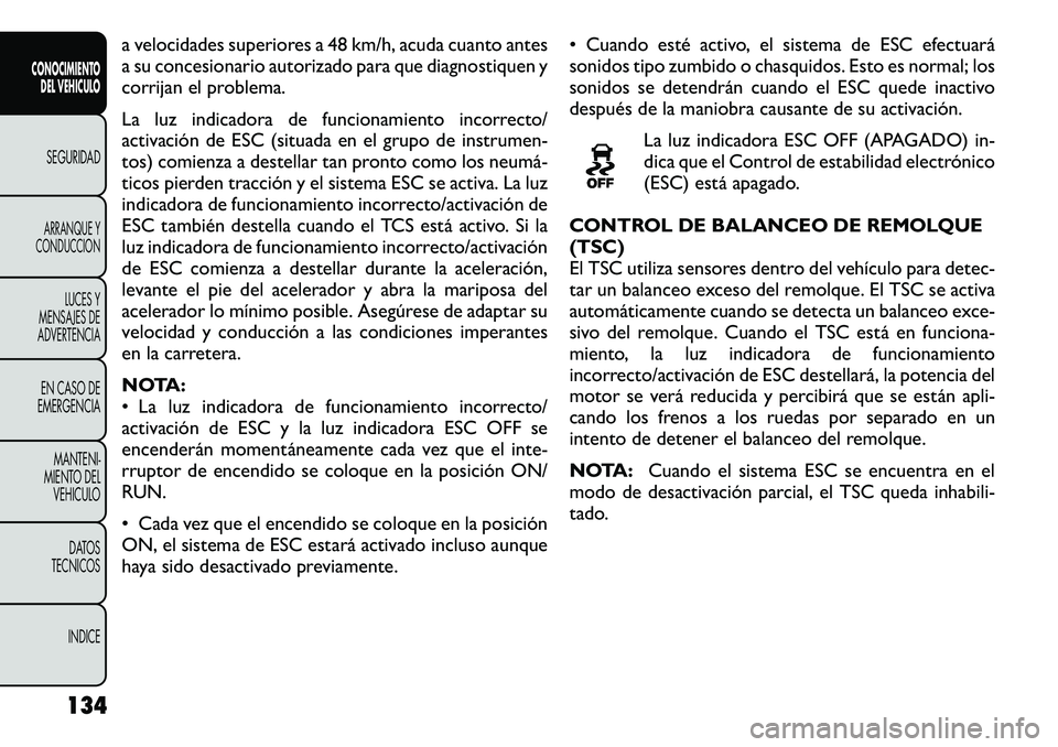 FIAT FREEMONT 2012 Manual de Empleo y Cuidado (in Spanish) a velocidades superiores a 48 km/h, acuda cuanto antes
a su concesionario autorizado para que diagnostiquen y
corrijan el problema.
La luz indicadora de funcionamiento incorrecto/
activación de ES FIAT FREEMONT 2012 Manual de Empleo y Cuidado (in Spanish) a velocidades superiores a 48 km/h, acuda cuanto antes
a su concesionario autorizado para que diagnostiquen y
corrijan el problema.
La luz indicadora de funcionamiento incorrecto/
activación de ES