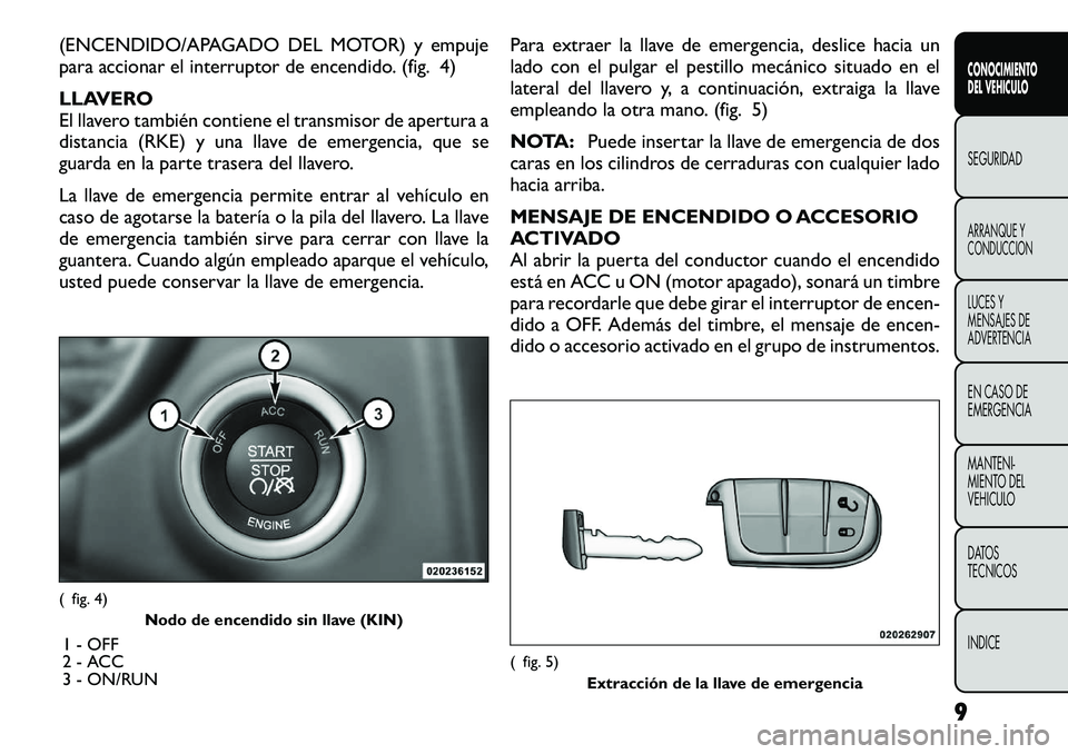 FIAT FREEMONT 2012  Manual de Empleo y Cuidado (in Spanish) (ENCENDIDO/APAGADO DEL MOTOR) y empuje 
para accionar el interruptor de encendido. (fig. 4) 
LLAVERO 
El llavero también contiene el transmisor de apertura a
distancia (RKE) y una llave de emergencia
