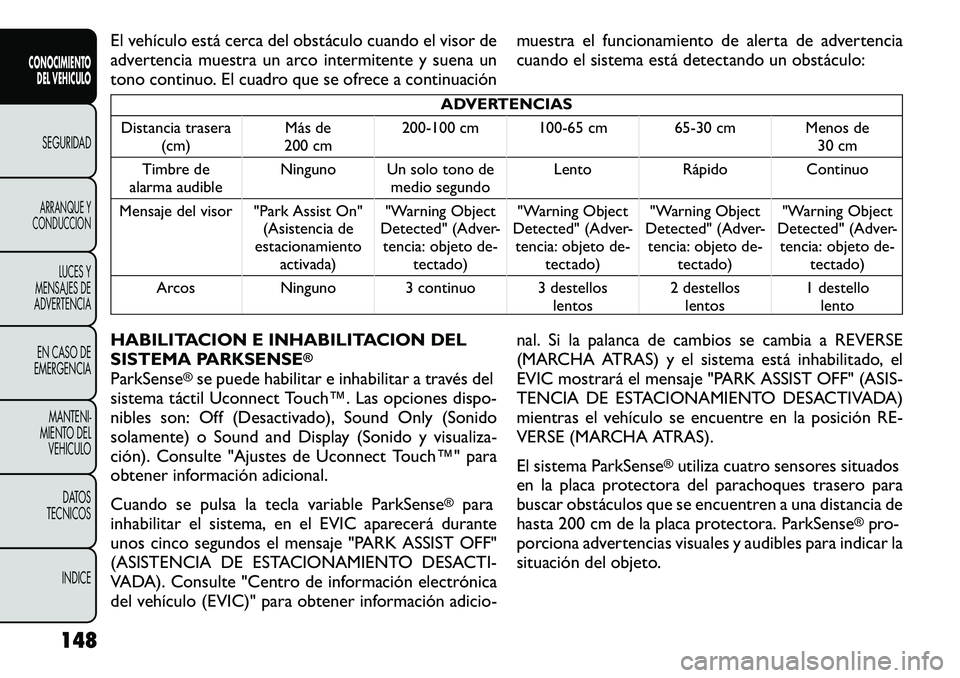 FIAT FREEMONT 2012 Manual de Empleo y Cuidado (in Spanish) El vehículo está cerca del obstáculo cuando el visor de
advertencia muestra un arco intermitente y suena un
tono continuo. El cuadro que se ofrece a continuaciónmuestra el funcionamiento de alert FIAT FREEMONT 2012 Manual de Empleo y Cuidado (in Spanish) El vehículo está cerca del obstáculo cuando el visor de
advertencia muestra un arco intermitente y suena un
tono continuo. El cuadro que se ofrece a continuaciónmuestra el funcionamiento de alert