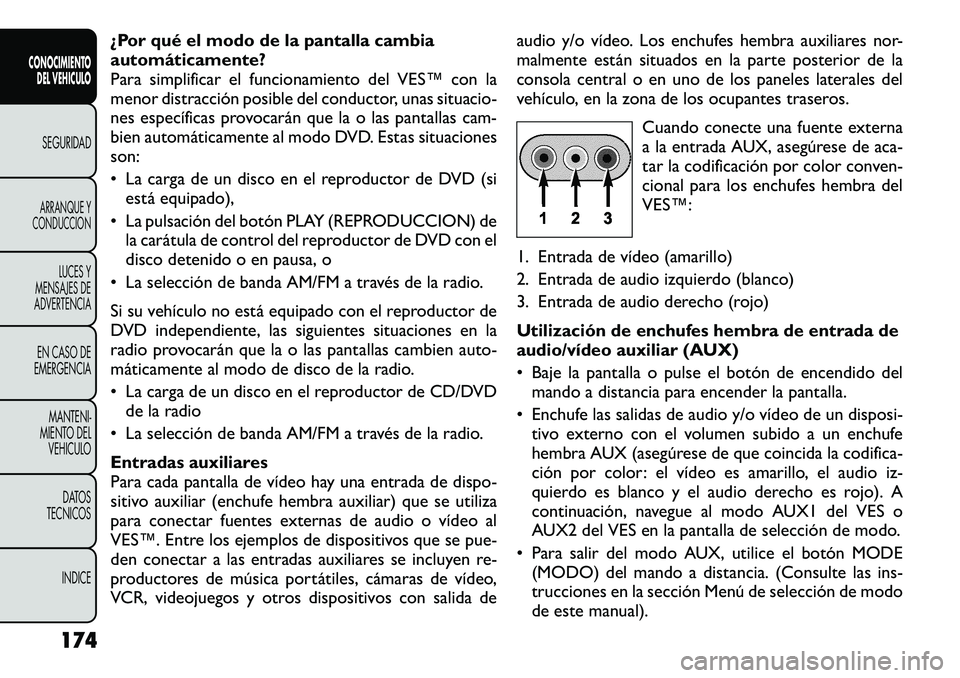 FIAT FREEMONT 2012 Manual de Empleo y Cuidado (in Spanish) ¿Por qué el modo de la pantalla cambia
automáticamente?
Para simplificar el funcionamiento del VES™ con la
menor distracción posible del conductor, unas situacio-
nes específicas provocarán q FIAT FREEMONT 2012 Manual de Empleo y Cuidado (in Spanish) ¿Por qué el modo de la pantalla cambia
automáticamente?
Para simplificar el funcionamiento del VES™ con la
menor distracción posible del conductor, unas situacio-
nes específicas provocarán q
