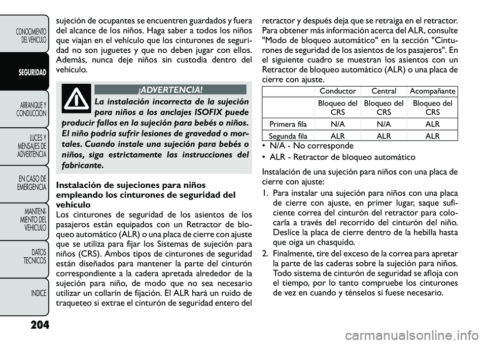 FIAT FREEMONT 2012 Manual de Empleo y Cuidado (in Spanish) sujeción de ocupantes se encuentren guardados y fuera
del alcance de los niños. Haga saber a todos los niños
que viajan en el vehículo que los cinturones de seguri-
dad no son juguetes y que no d FIAT FREEMONT 2012 Manual de Empleo y Cuidado (in Spanish) sujeción de ocupantes se encuentren guardados y fuera
del alcance de los niños. Haga saber a todos los niños
que viajan en el vehículo que los cinturones de seguri-
dad no son juguetes y que no d