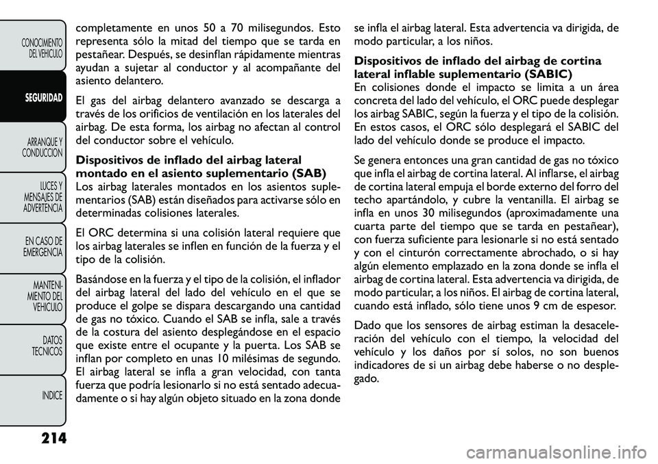 FIAT FREEMONT 2012 Manual de Empleo y Cuidado (in Spanish) completamente en unos 50 a 70 milisegundos. Esto
representa sólo la mitad del tiempo que se tarda en
pestañear. Después, se desinflan rápidamente mientras
ayudan a sujetar al conductor y al acomp FIAT FREEMONT 2012 Manual de Empleo y Cuidado (in Spanish) completamente en unos 50 a 70 milisegundos. Esto
representa sólo la mitad del tiempo que se tarda en
pestañear. Después, se desinflan rápidamente mientras
ayudan a sujetar al conductor y al acomp
