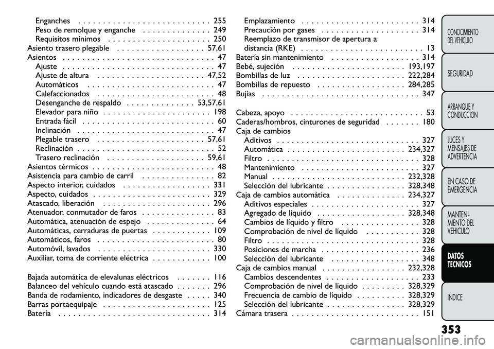 FIAT FREEMONT 2012 Manual de Empleo y Cuidado (in Spanish) Enganches . . . . . . . . . . . . . . . . . . . . . . . . . . . 255
Peso de remolque y enganche . . . . . . . . . . . . . . 249
Requisitos mínimos . . . . . . . . . . . . . . . . . . . . . 250
Asien FIAT FREEMONT 2012 Manual de Empleo y Cuidado (in Spanish) Enganches . . . . . . . . . . . . . . . . . . . . . . . . . . . 255
Peso de remolque y enganche . . . . . . . . . . . . . . 249
Requisitos mínimos . . . . . . . . . . . . . . . . . . . . . 250
Asien