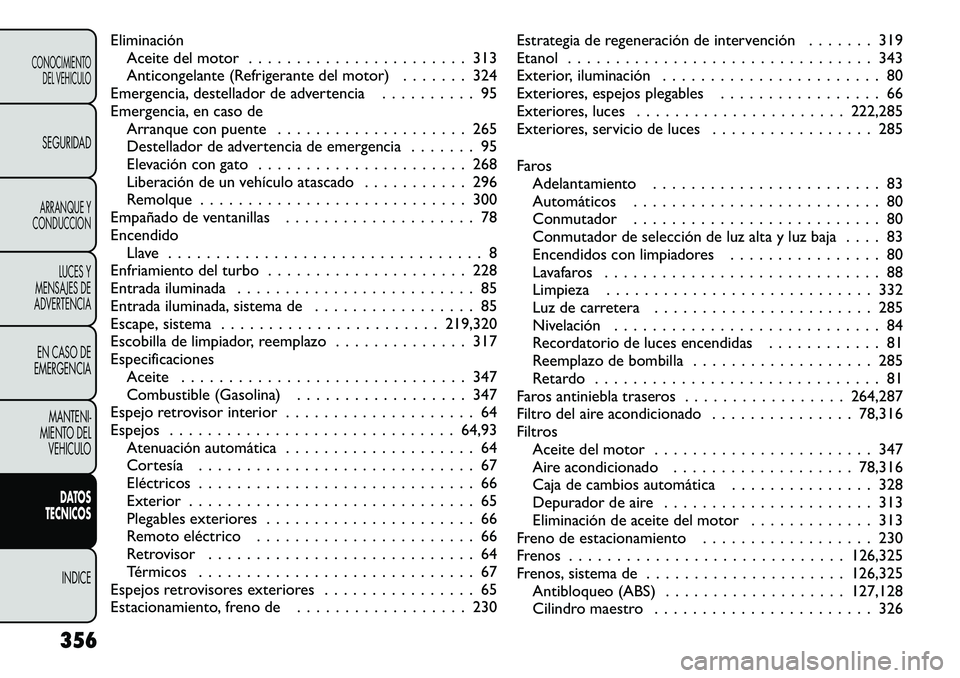 FIAT FREEMONT 2012 Manual de Empleo y Cuidado (in Spanish) EliminaciónAceite del motor . . . . . . . . . . . . . . . . . . . . . . . 313
Anticongelante (Refrigerante del motor) . . . . . . . 324
Emergencia, destellador de advertencia . . . . . . . . . . 95
FIAT FREEMONT 2012 Manual de Empleo y Cuidado (in Spanish) EliminaciónAceite del motor . . . . . . . . . . . . . . . . . . . . . . . 313
Anticongelante (Refrigerante del motor) . . . . . . . 324
Emergencia, destellador de advertencia . . . . . . . . . . 95