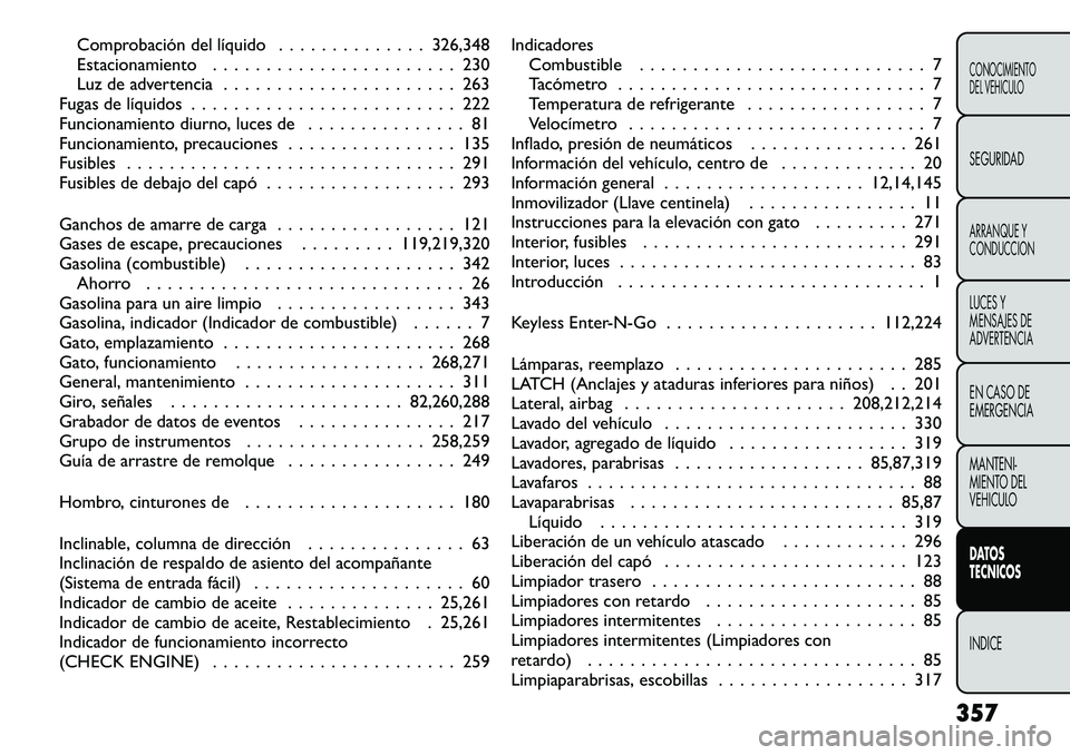 FIAT FREEMONT 2012  Manual de Empleo y Cuidado (in Spanish) Comprobación del líquido . . . . . . . . . . . . . . 326,348 
Estacionamiento . . . . . . . . . . . . . . . . . . . . . . . 230
Luz de advertencia . . . . . . . . . . . . . . . . . . . . . . 263
Fug